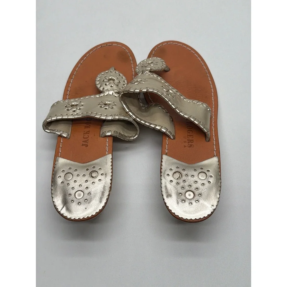 Jack Rogers Hamptons Mid Wedge Gold Leather Thong Sandals Womens 8.5 Metallic